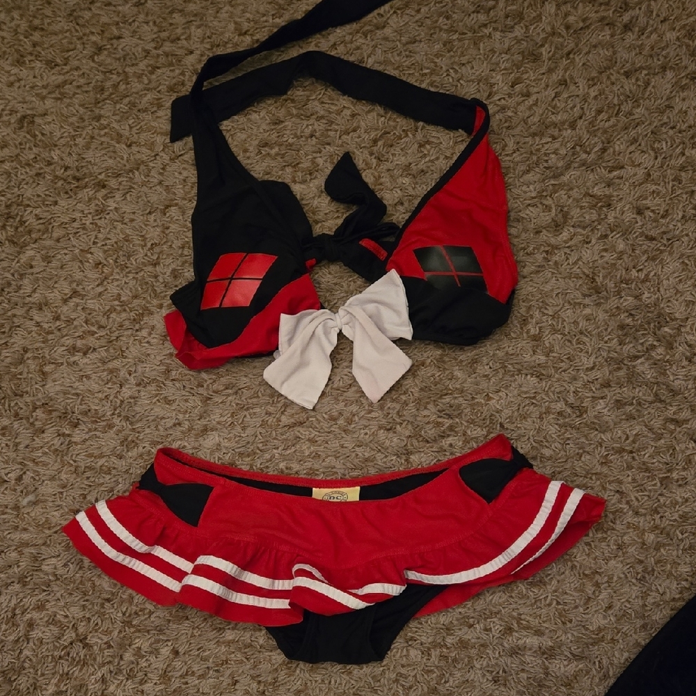 Red and Black Bikini Set with White Bow